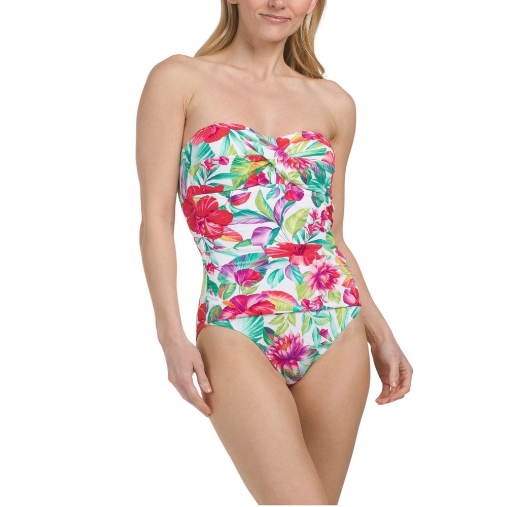 Tommy Bahama Island Cays Fiesta Bandeau One Piece Swimsuit Floral White 10